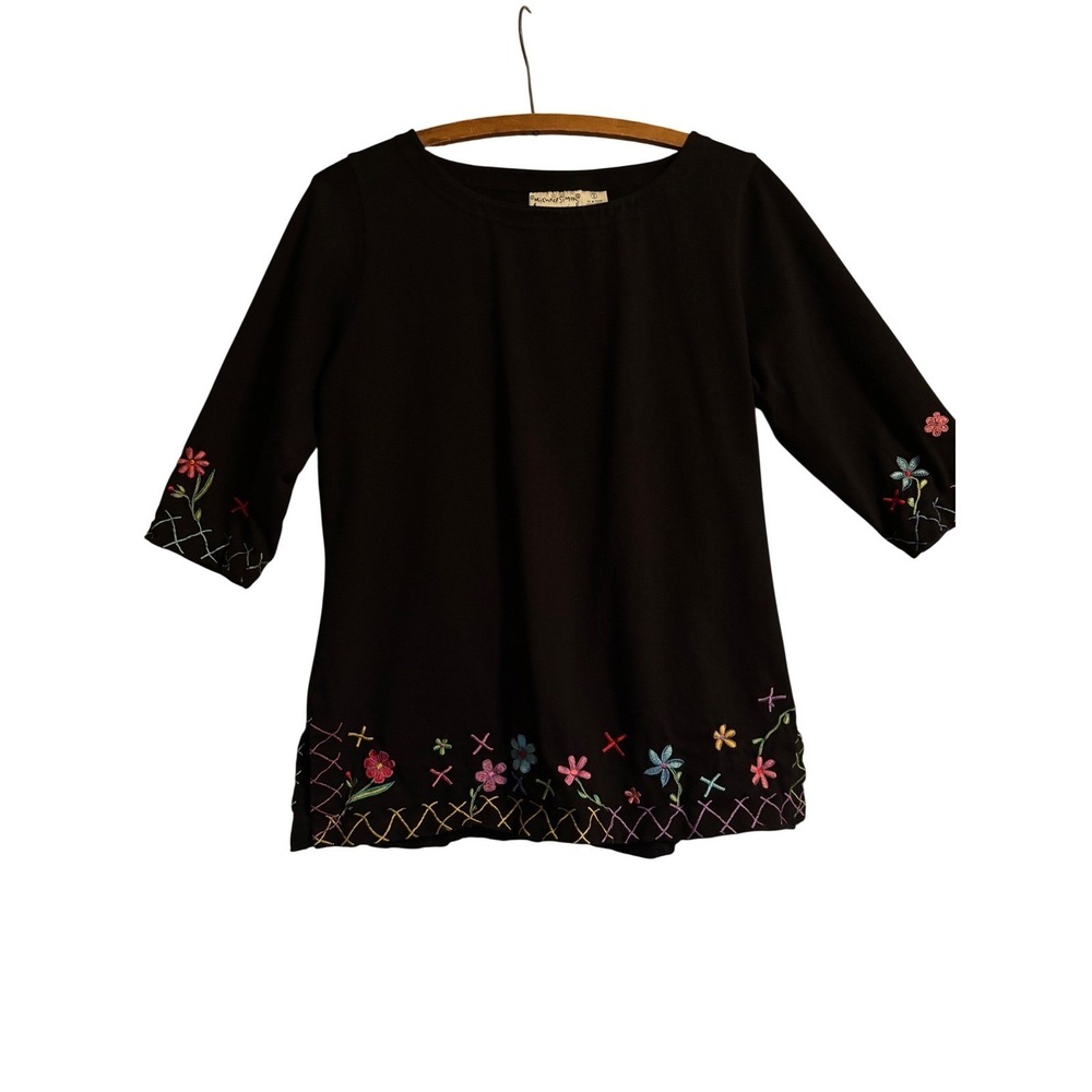 Michael Simon Lite Womens S Floral Embroidered 3/4 Sleeve Cotton Top Tunic Artsy